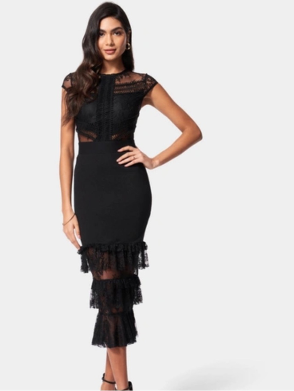 bebe Black Lace Tiered Midi Dress